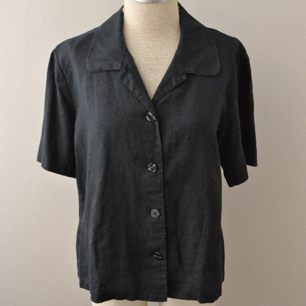 Vintage Black Linen Short Sleeve Boxy Button Down Shirt